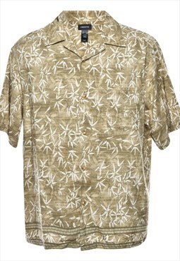 Liz Claiborne Olive Green & White Leaf Print Hawaiian Shirt 