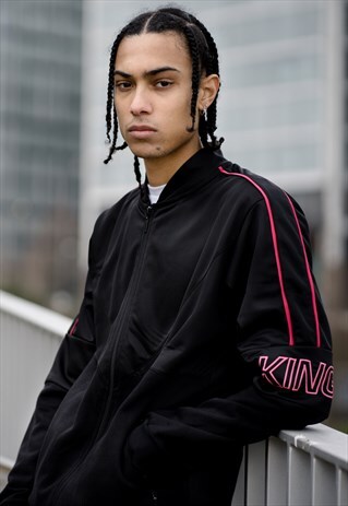 EARLHAM TRACKSUIT JACKET IN BLACK WITH NEON EMBROIDERY