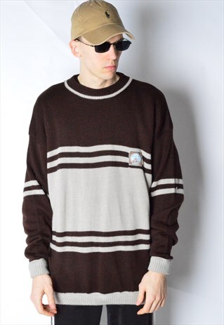 VINTAGE 80S BROWN KNIT STRIPED WOOL BLEND JUMPER
