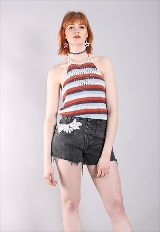 VINTAGE 70S BOHO STRIPED CROCHET HALTERNECK FESTIVAL TOP