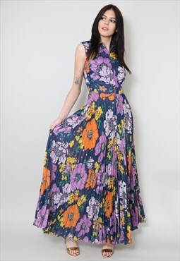 70's Jobi Ladies Vintage Maxi Jumpsuit Retro Pleated Floral 