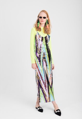 MIDI SEQUIN SLIP DRESS WITH PRINTED GEO SEQUINS