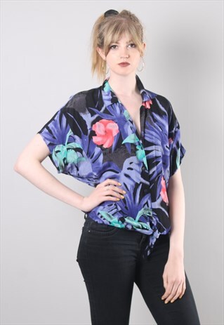 VINTAGE 80S FLORAL PATTERNED TIE BLOUSE SHIRT