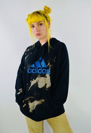 VINTAGE ADIDAS ACID WASH BLACK OVERSIZED HOODIE