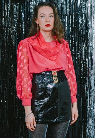 PINK SHIRT VINTAGE 80S BLOUSE RETRO LACE TURTLE NECK TOP XL