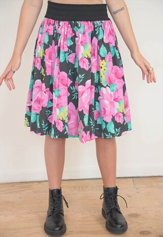 VINTAGE 70S SKIRT IN PINK GREY FLOWER PATTERN