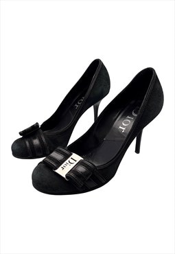 Christian Dior Heels Courts Black Suede Silver Logo Round 36