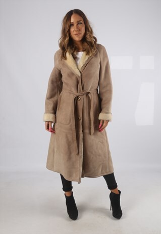 VINTAGE SHEEPSKIN SUEDE SHEARLING COAT LONG UK 10 (H4A)