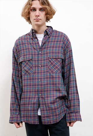 VINTAGE 80S STARTER MULTI CHECK LONG SLEEVE BUTTON UP SHIRT 