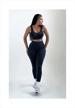 Charcoal ribbed detail crop top and leggings activewear set