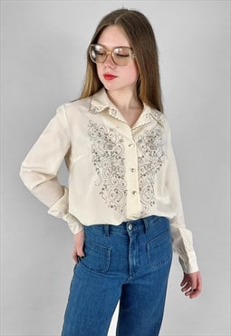 70's Vintage Ladies Cream Brown Long Sleeve Blouse
