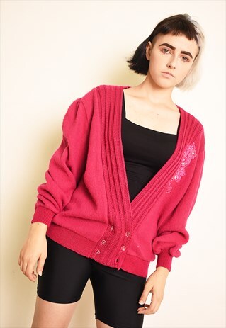 VINTAGE 80'S RETRO RASPBERRY PINK OVERSIZED KNIT CARDIGAN