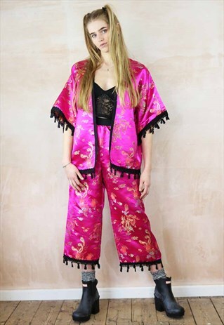PINK DRAGON EMBROIDERED CROP PANTS & KIMONO CO-ORDINATES