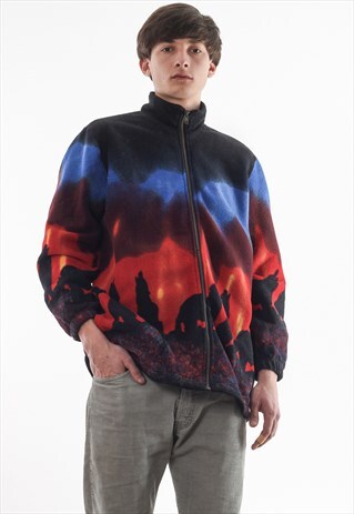 VINTAGE WOLVES GRAPHIC PRINTED FULL ZIP JACKET 90S BLACK RED
