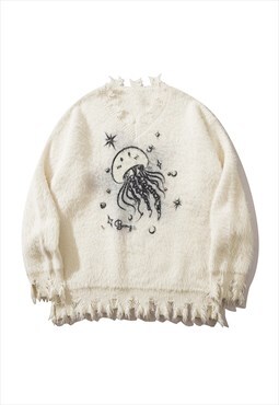 Medusa print jumper fluffy ripped sweater distressed top