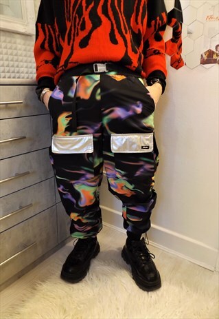 SLIM 90S CARGO GRADIENT LUMINOUS PANTS RAVE TIEDYE Y2K PANTS