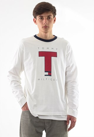 VINTAGE TOMMY HILFIGER TEE 90S WHITE LONG SLEEVE BIG LOGO