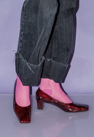 90's Vintage square nose mid-heels shoes in glossy burgundy