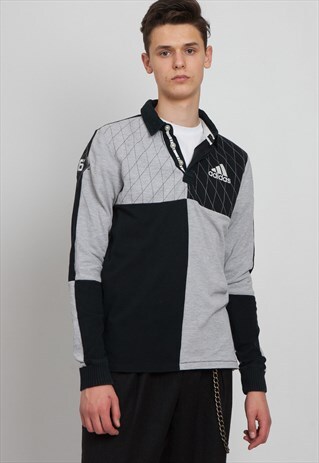90S VINTAGE GREY ADIDAS LONG SLEEVE POLO SHIRT TOP