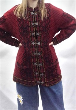 Vintage Windfjord Cardigan Red Black Wool Pattern