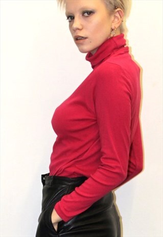 90S VINTAGE HOT PINK FUSCHIA POLO NECK LONG SLEEVE TOP