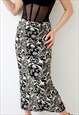90S VINTAGE MIDI WIGGLE SKIRT TEXTURED MONOCHROME FLORAL 