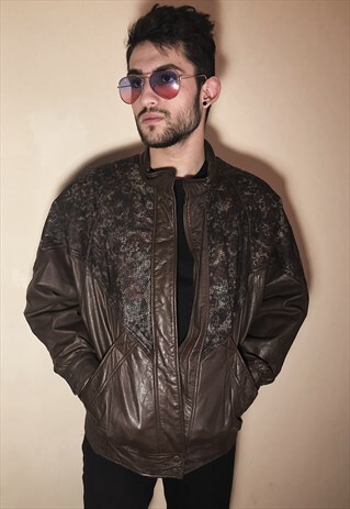 VINTAGE SNAKESKIN PATTERN DETAIL BROWN LEATHER JACKET
