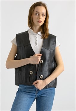 Vintage Black Leather Vest made Gilet 7091