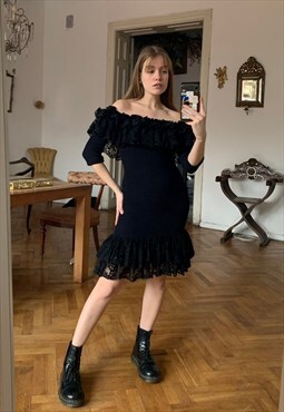 Vintage Black Ruffle Lace Mini Dress