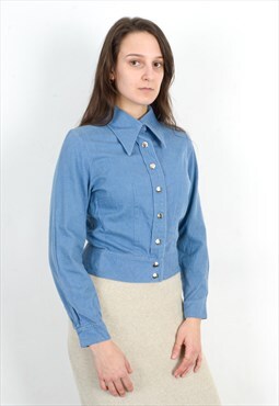 Women 70's S Denim Cotton Jacket VTG Light Blue Cropped