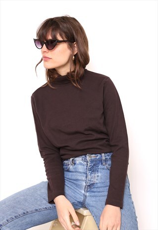 VINTAGE 90S BROWN POLO HIGH TURTLE ROLL NECK TOP