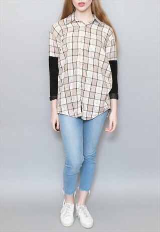 VINTAGE 1990'S RE-WORKED PLAID FLANNEL SUEDE SLEEVE SHIRT