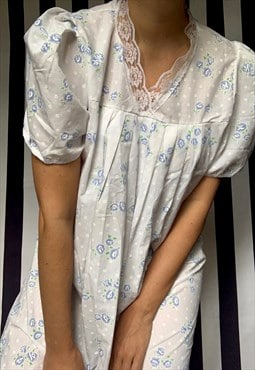 Vintage 80s white floral nightie dress pyjamas, Large