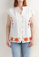 VINTAGE 70S BOHO HIGH NECK SLEEVELESS FLORAL EMBROIDERY TOP 