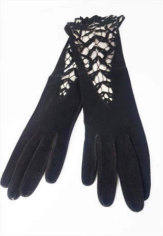 1950S VINTAGE FRENCH SUEDE LEATHER LACE OPERA GLOVES SIZE XS