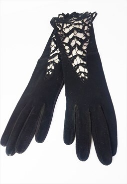 1950s Vintage French Suede Leather Lace Opera Gloves Size XS