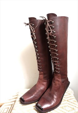 Vintage Brown Genuine Leather Laced, High Cowboy Boots