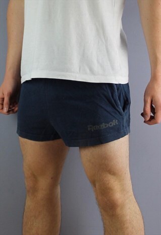 VINTAGE REEBOK SHORTS IN NAVY WITH POCKETS, PRINTED LOGO AND