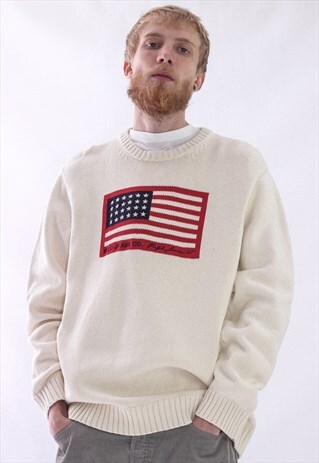 VINTAGE MENS POLO JEANS LOGO USA KNIT SWEATER JUMPER