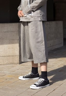 Grey Retro Striped Premium Wool Oversized shorts Y2k