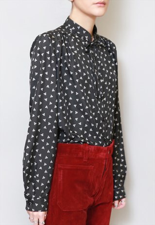VINTAGE 1980'S BLACK & WHITE PRINTED BOW TIE BLOUSE