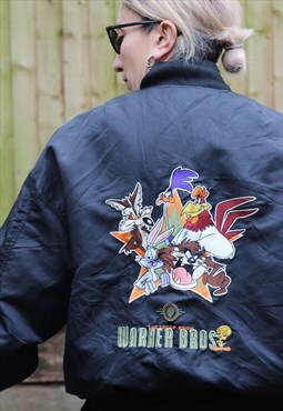 Vintage 1990s Looney Tunes embroidered black bomber jacket 