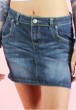 VINTAGE 90S DENIM SKIRT MINI Y2K DARK BLUE WASHED OUT