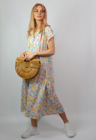 VINTAGE 90S PASTEL YELLOW & PINK FLORAL SUMMER MIDI DRESS