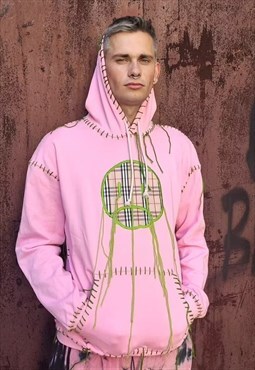 Emoji applique hoodie raw thread tartan pullover pink