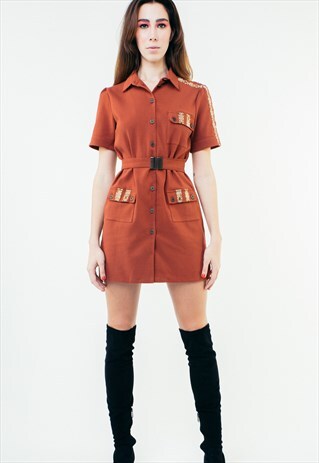 SHORT SLEEVE WOOL BUTTON UP SHIRT-DRESS WITH POCKETS RED
