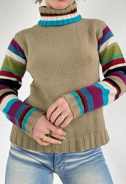 Vintage Y2k Jumper Turtle Neck Rainbow Knit Sweater Stripey