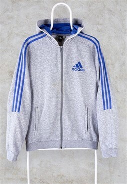 Adidas Grey Hoodie Zip Up Blue Striped Men's Small
