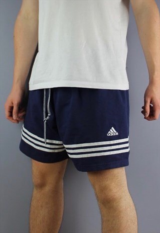 VINTAGE ADIDAS SHORTS IN NAVY WITH EMBROIDERED LOGO AND DRAW