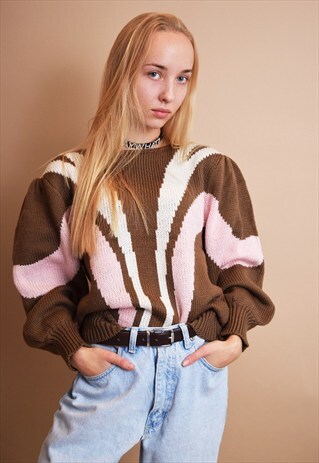 80'S RETRO ABSTRACT PRINT COZY KNITTED OVERSIZED JUMPER TOP